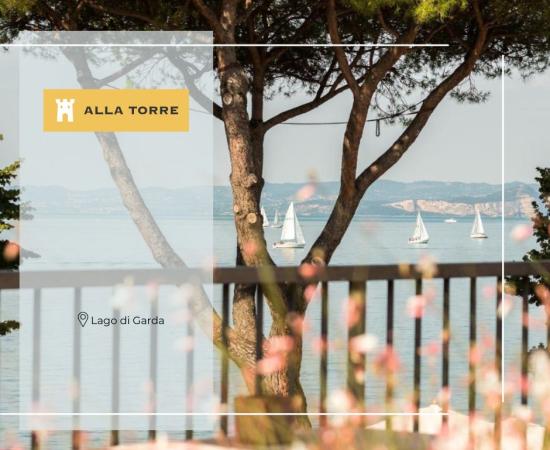 Vista sul Lago di Garda con barche a vela e alberi.